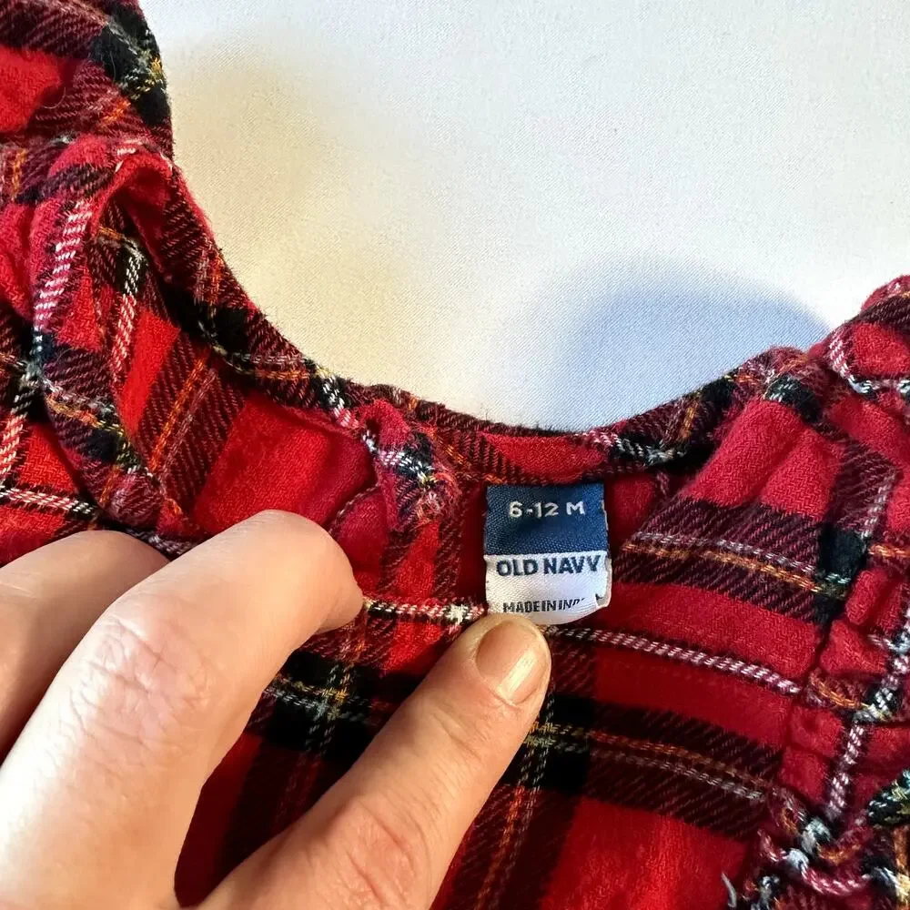Old Navy Long-Sleeve Ruffle-Trim Plaid One-Piece Romper Sz 6-12 mo